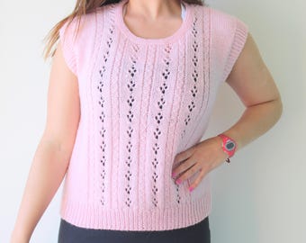 80s Pink Knit Sweater - Boho Sleeveless Top