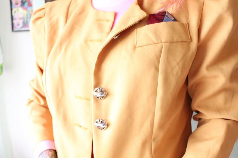 mod 1980s Vintage Brown MUSTARD Jacket...vintage 12 shoulder pads big buttons womens retro made in USA gogo twiggy business kooky