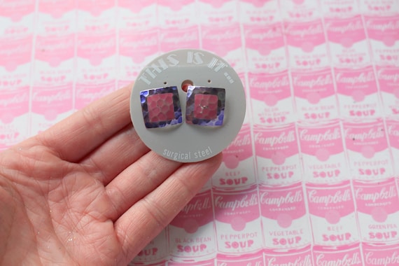 1980s Pink and Purple Square NOS Earrings......co… - image 1