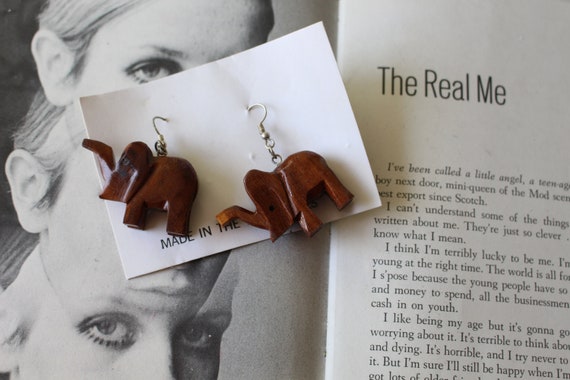 80s Vintage ELEPHANT Earrings....wood. pierced ea… - image 2