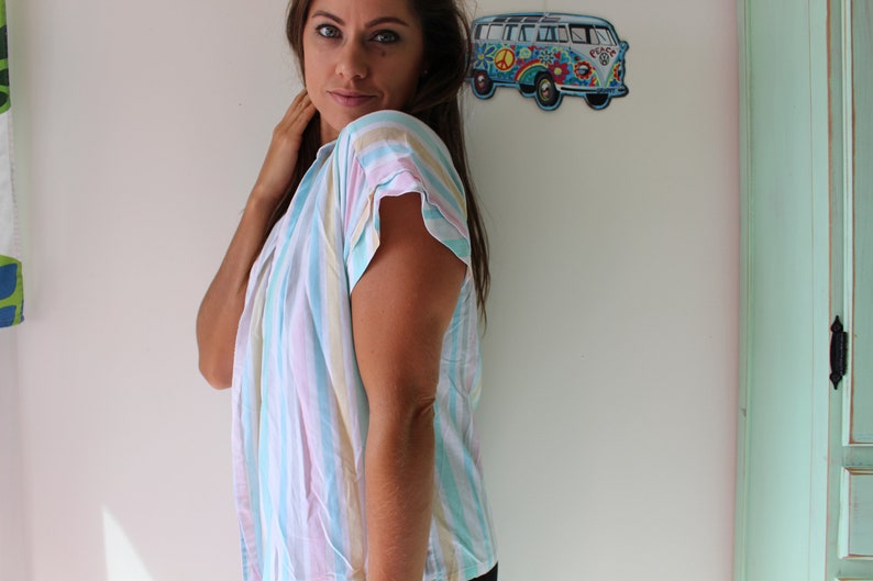 bright rad striped urban crop top medium fun 1980s RAINBOW Pastel Hipster Button Down....pink large colorful unisex retro 1980s