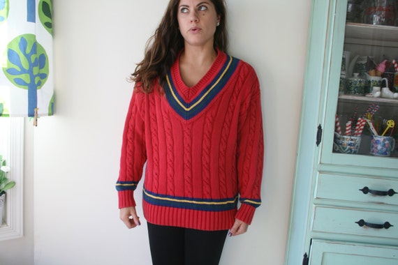 Vintage 90s GAP Cotton Cable Knit Sweater: Red Nautical Pullover