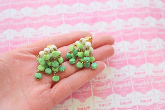 Vintage GREEN BEADED Clip On Earrings...retro acc… - image 1