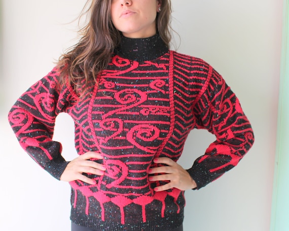 1980s RED and Black Geometric Sweater..red. black… - image 1