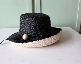 Vintage 1950s Black Straw Hat: Mid Century Ribbon Detail - Etsy