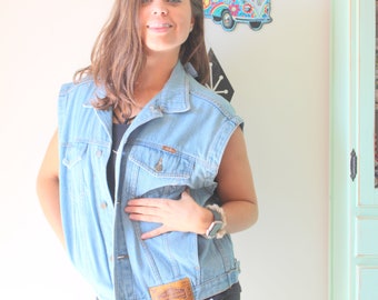 1980s HIPSTER Denim Jean Jacket Vest.size large womens.western. light blue jean jacket. killer. rad. 80s glam. hippie. costume. 90s. novelty