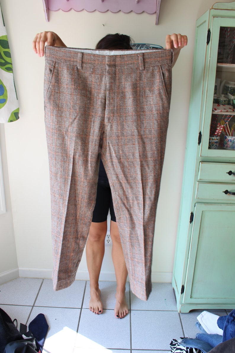 fun colorful urban 1970s bright 1970s PLAID DISCO Brown Orange Dapper Rad Pants....grandpa rad pleated pants hippie 70s show retro