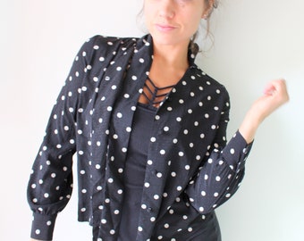 Vintage POLKA DOTS Blouse....vtg. womens. black and white. mod. costume. blouse. womens. ladies. vintage blouse. flowy top. soho. fancy