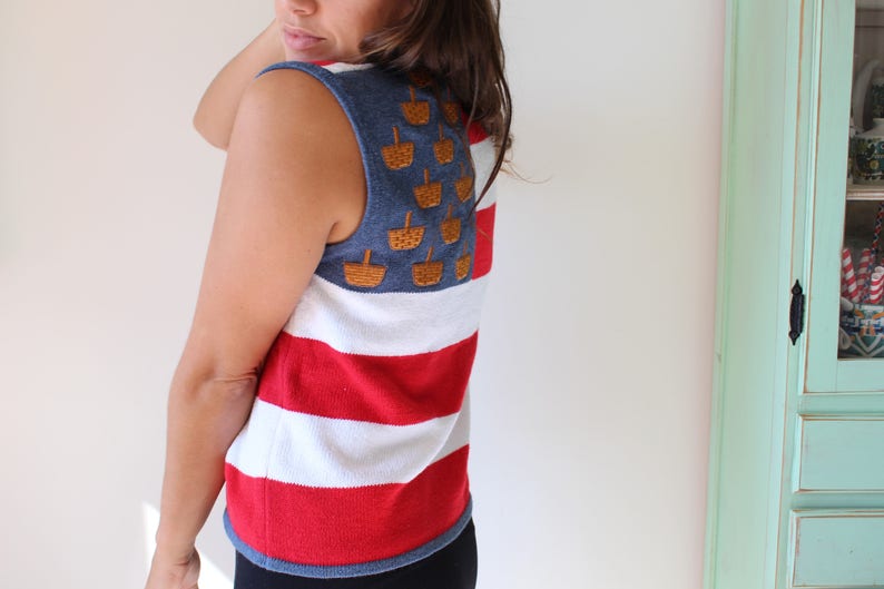 granny sweater costume retro 1980s sweater bright festive holiday red white and blue fun 1980s Basket Country Sweater Vest....red