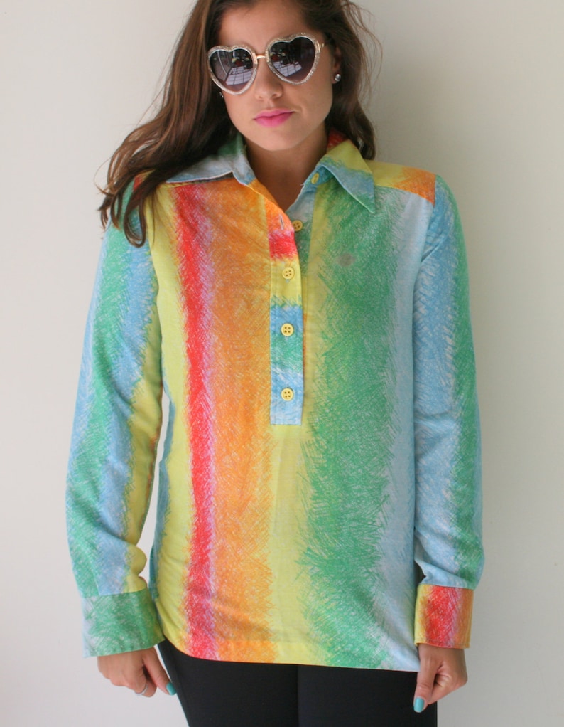 summer hipster 1970s RAINBOW Swirl Retro Collared Shirt...kitsch rainbow colorful urban hippie 70s clothing twiggy 1970s boho top