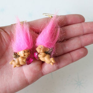 RARE Vintage TROLLS Doll Earrings..collectible. pink. troll. 1980s. 1990s. kitsch. retro. hippie troll. valentines day. cupid troll earrings image 4