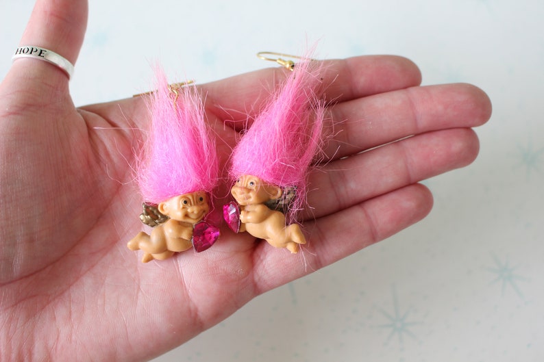 RARE Vintage TROLLS Doll Earrings..collectible. pink. troll. 1980s. 1990s. kitsch. retro. hippie troll. valentines day. cupid troll earrings image 4