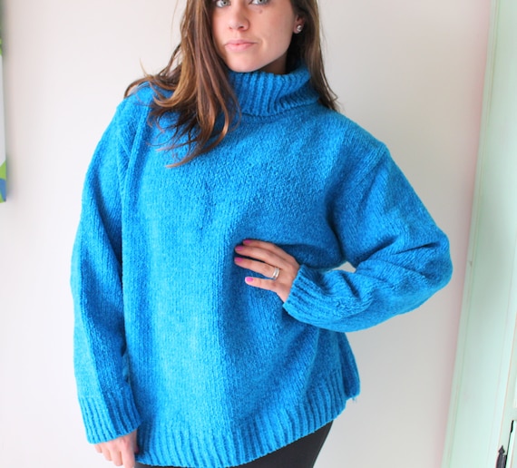 1980s 90s Turtle Neck Royal Blue Sweater...size l… - image 1