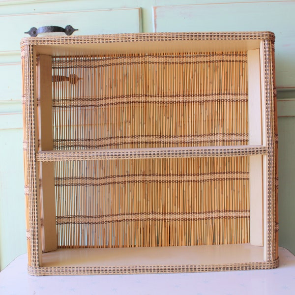 1970s Vintage Mid Century Mod Retro Home Decor Shelf Wall Hanging....kitsch. 70s home. housewares. wall art. wicker. tiered shelf. wooden