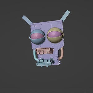 May include: A stylized robot face with a purple rectangular head, two large spherical eyes, and various mechanical components. The eyes are blue and yellow with pink centers. Other parts include a brown rectangular piece and a blue and pink pipe.