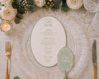 Modèle de menu de mariage ovale vert sauge, marque-place orné, pompon, fichier de découpe SVG