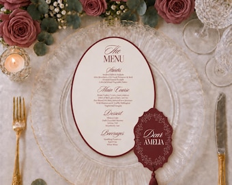 Plantilla de menú de boda ovalada color burdeos, tarjeta de lugar ornamentada, borla, archivo de corte SVG