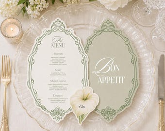 Salbeigrün Ovale Menükarte mit floraler Tischkarte, die geschnittene Leinwand, Instant Download