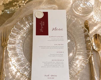 Menú de boda color burdeos con etiqueta para nombres, plantilla de Canva estilo sello de cera, descarga instantánea.