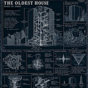 May include: A dark blue technical blueprint titled FBC Technical Archive The Oldest House. It features detailed architectural cross-sections, isometric diagrams, and data analysis charts of a paranatural structure with a 335 m exterior height.