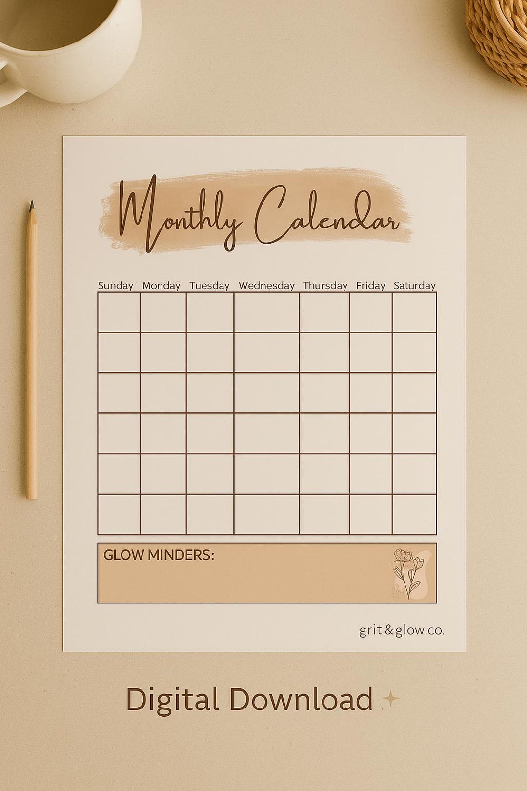 Monthly Calendar Planner | Printable | Grit & Glow Co. - Etsy