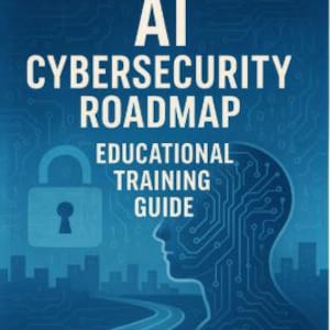 May include: A book cover with the title "GOVERNANCE AI CYBERSECURITY ROADMAP" in white text on a dark blue background. The cover also includes the text "EDUCATIONAL TRAINING GUIDE" and "BY DONALD SALLOT". The design features a lock icon, a human head with circuit board patterns, and a road.