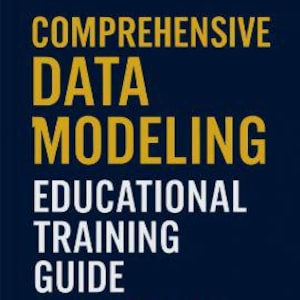 May include: A book cover with the title "COMPREHENSIVE DATA MODELING" in gold letters. Below, in white, are the words "EDUCATIONAL TRAINING GUIDE". The author's name, "BY DONALD SALLOT", is at the bottom. The background is dark blue.