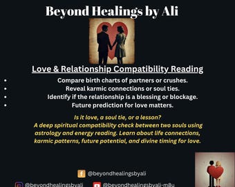 Può includere: Grafica nera con il testo "Beyond Healings by Ali" e "Love & Relationship Compatibility Reading". L'immagine include una silhouette di coppia in un cuore, con informazioni sui social media.