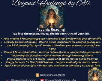 May include: A navy blue graphic with the text "Beyond Healings by Ali" and "Psychic Reading." The image features a woman holding a glowing orb, with a list of services including energy scans and relationship clarity.