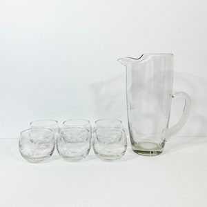 Vintage Mid Century Wheat Etched Glass Pitcher and Tumbler Set // Water Jug and Glasses // Cocktail Set // Set of 7