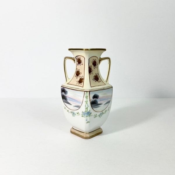 Antique 6" Nippon Hand Painted Landscape Porcelain Vase // Double Handled Deco Vase // Floral Design // Pretty Vase // Gold Trim