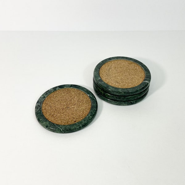 Vintage Set of Green Marble & Cork Coasters // Minimalist Coasters // Modern // Classic Coasters // Set of 4