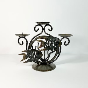 Vintage 8.75&quot; Distressed Metal Fish Candle Holder // Unique Candlestick Holder // Contemporary Design // 1990s Design