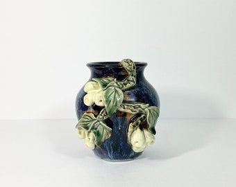 Vintage 5.75" High Relief Pear Majolica Style Vase // Blue & Purple Drip Glaze Vase // Fruit Design Vase // Unique Applied Design Art Vase