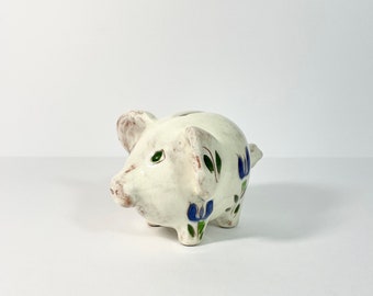 Vintage Floral Painted Piggy Bank // White Glaze Ceramic Folk Painted Piggy Bank // Hand-Painted Floral Money Bank // Unique Piggy Bank