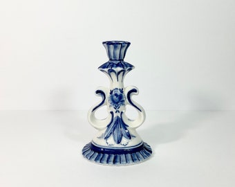 Vintage Blue & White Gzhel Porcelain Candlestick // Hand-Painted and Decorated Candlestick // Floral Design // Made in Russia