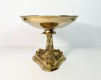 Vintage Large 9" Brass Dolphin Pedestal Centerpiece Bowl // Italianate Statement Bowl // Heavy and Luxury // Unique Home Decor