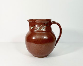 Vintage 7" Brown High-Gloss Studio Pottery Pitcher // Artist Signed Ceramic Jug // Utensil Holder // Handmade // Unique Stoneware Pitcher