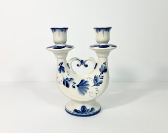 Vintage Blue & White Gzhel Porcelain Candelabra // Hand-Painted and Decorated Candlestick // Floral Design // Made in Russia