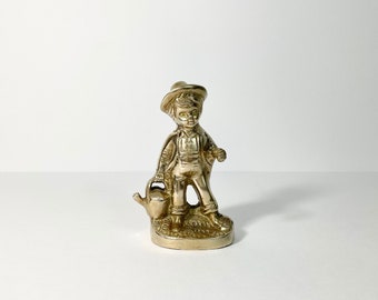 Vintage Brass Farmer Boy Figurine // Boy with Watering Can Brass Sculpture // Brass Figurine // Decorative Accent