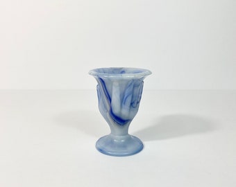 Vintage 3 1/4" Blue Akro Agate Glass Hand Toothpick Holder // Blue Marbled Glass // Posy Vase // 1930s Glass Vase
