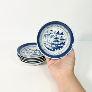 Antique 5&quot; Blue And White Canton Porcelain Dishes // Small Bowl/Plate // Pagoda Landscape // Chinese For Export // 19th Century // Set of 6