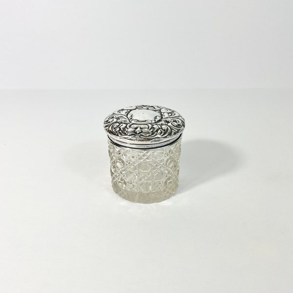 Antique 1900 Chester England Silver and Cut Glass Vanity Jar // John & William Deakin // Ornate Sterling Silver Lid // Repousse Dresser Jar