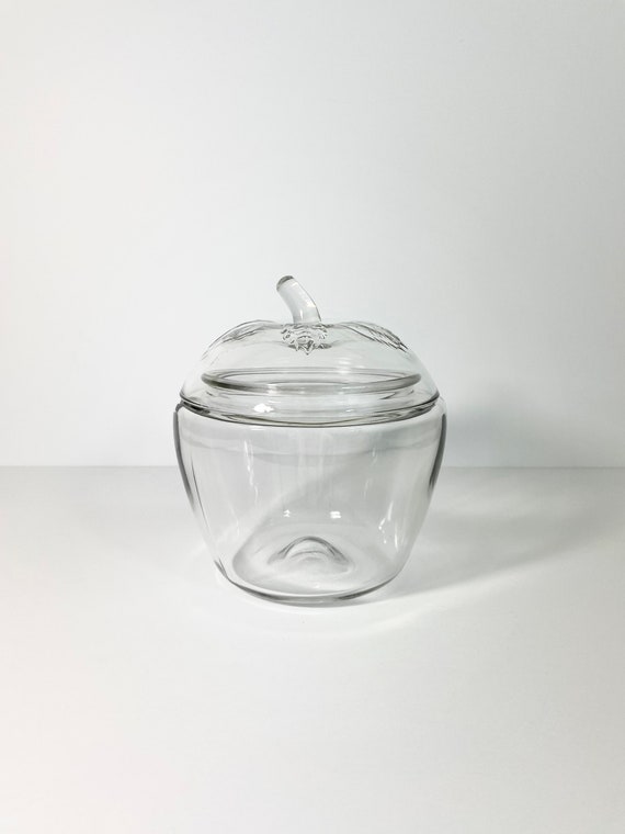 Vintage Cookie Jar Canister, Clear Glass Embossed With Apples With