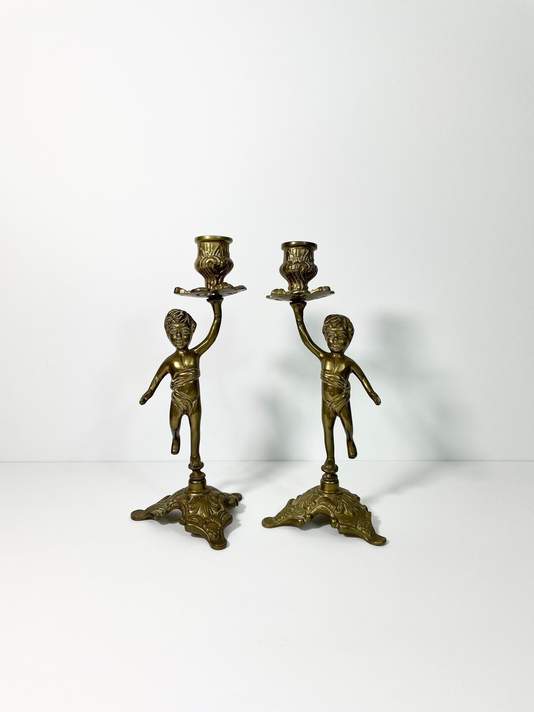 Vintage Pair of Ornate Brass Cherub Candlestick Holders // Rococo Style
