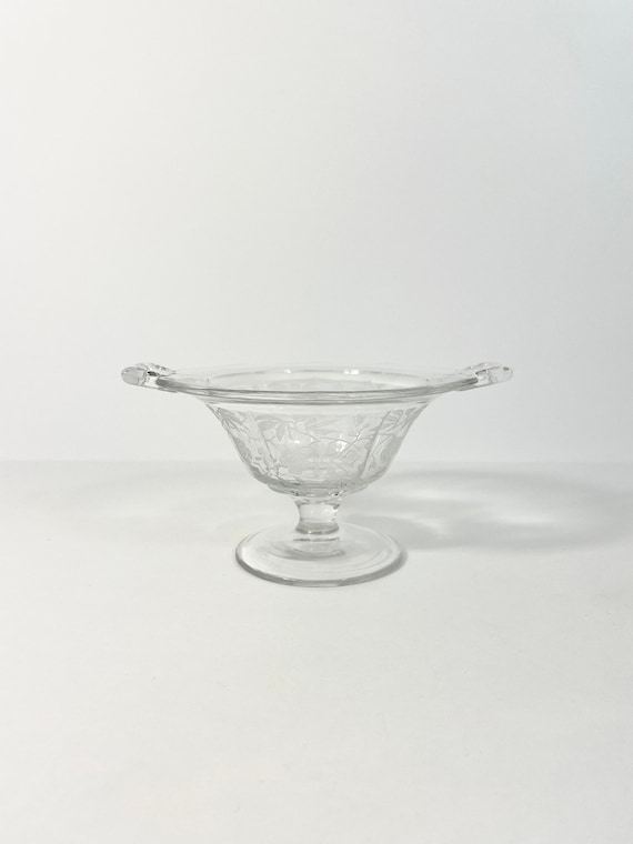 Vintage Glas geätzte Kompottschale // Elegante Schale // Florales Design // Griechischer Schlüssel // Neoklassizistisches Design // Catch All Bowl