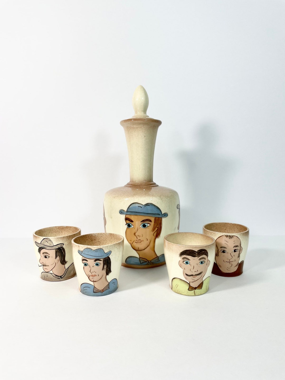 Vintage Unique Handpainted Ceramic Decanter Set With 4 Cups // Vintage