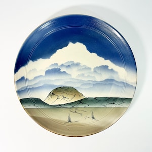 Vintage 11" Studio Pottery Artist Signed Plate with Mountain Scene // Whimsical Art Platter // Landscape Scene Ceramic Plate