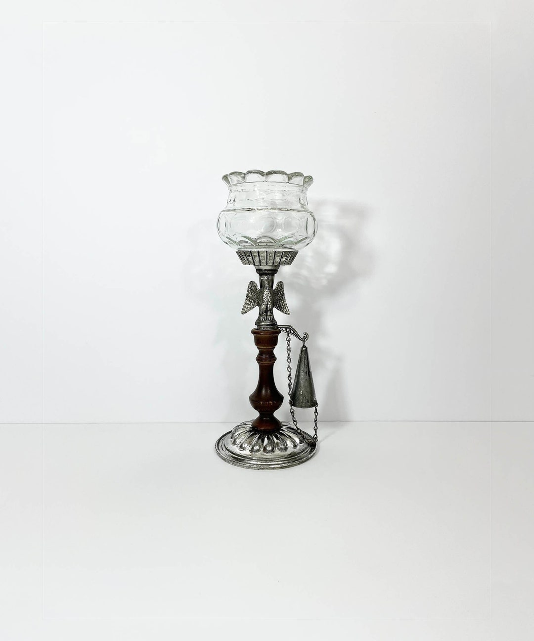 Vintage Folk Style Eagle Candle Holder // Retro Silver and Wood Candle