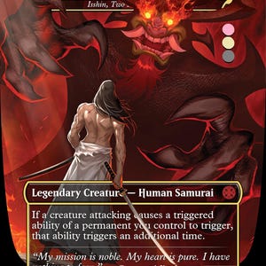 May include: A fantasy art card depicting a samurai with long black hair and a sword, set against a red and black backdrop with a demonic figure. The card reads "Samurai Jack" and "Legendary Creature - Human Samurai".